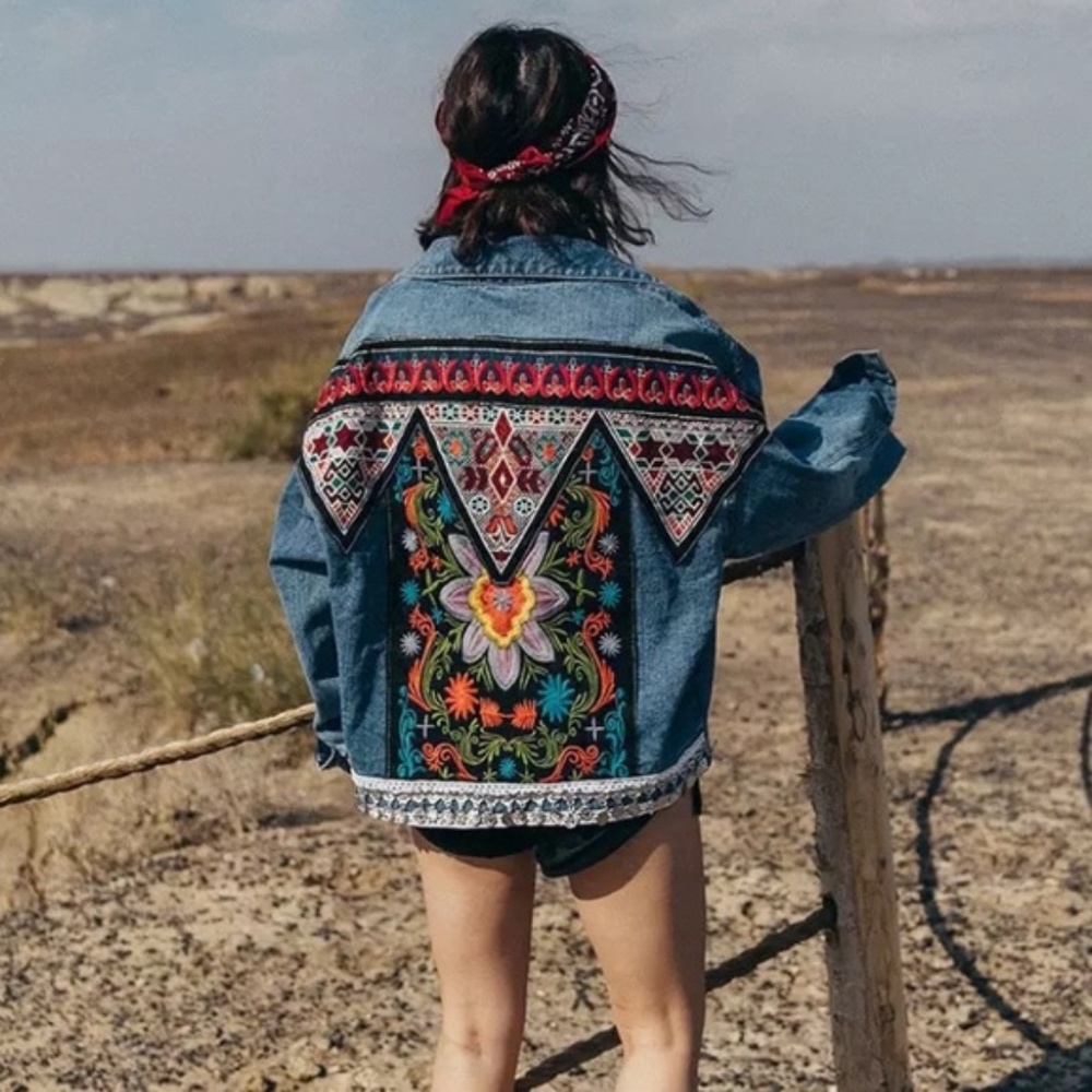 SOLD OUT Boho Floral Embroidered Oversized Denim Jacket - Picture 2 of 7